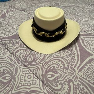 Chic Cream and Black Women's Hat with Gold Details